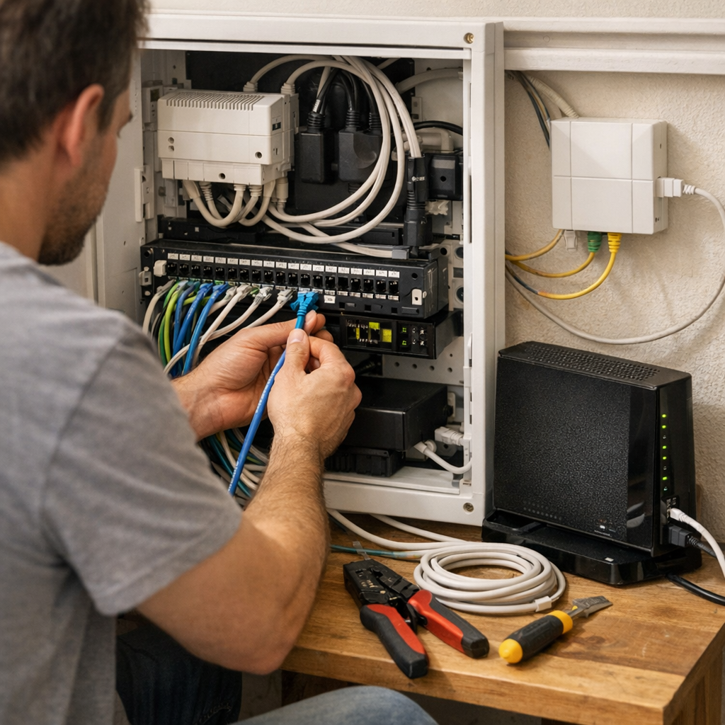 Relier toutes les prises au coffret de communication et à la box fibre